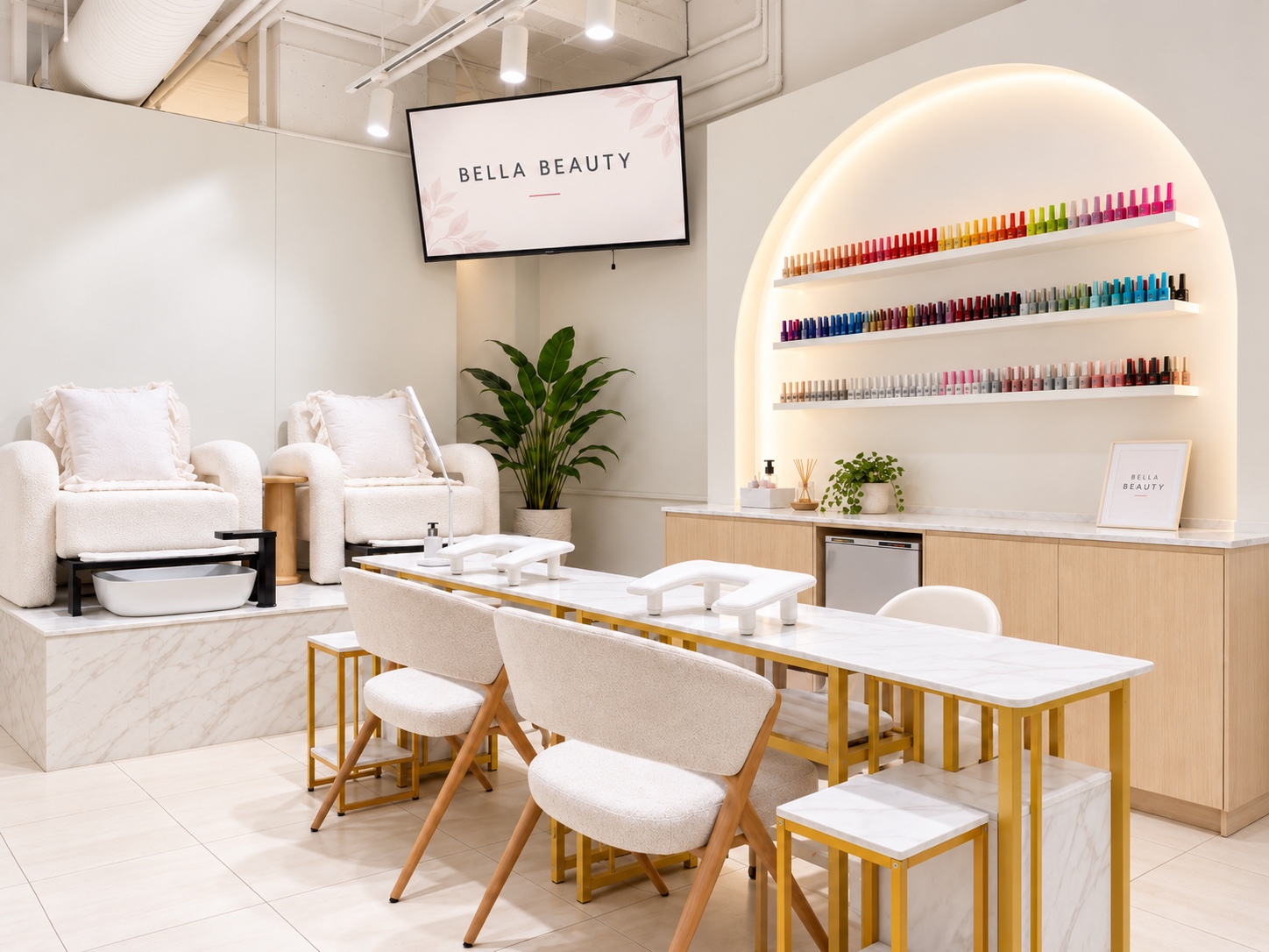 Bella Beauty salon interior with manicure tables, pedicure chairs and nail colour display